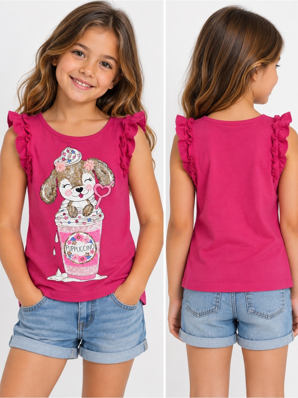 Isaac Mizrahi Girls Puppuccino Ruffle Sleeve Graphic Top Size 7/8